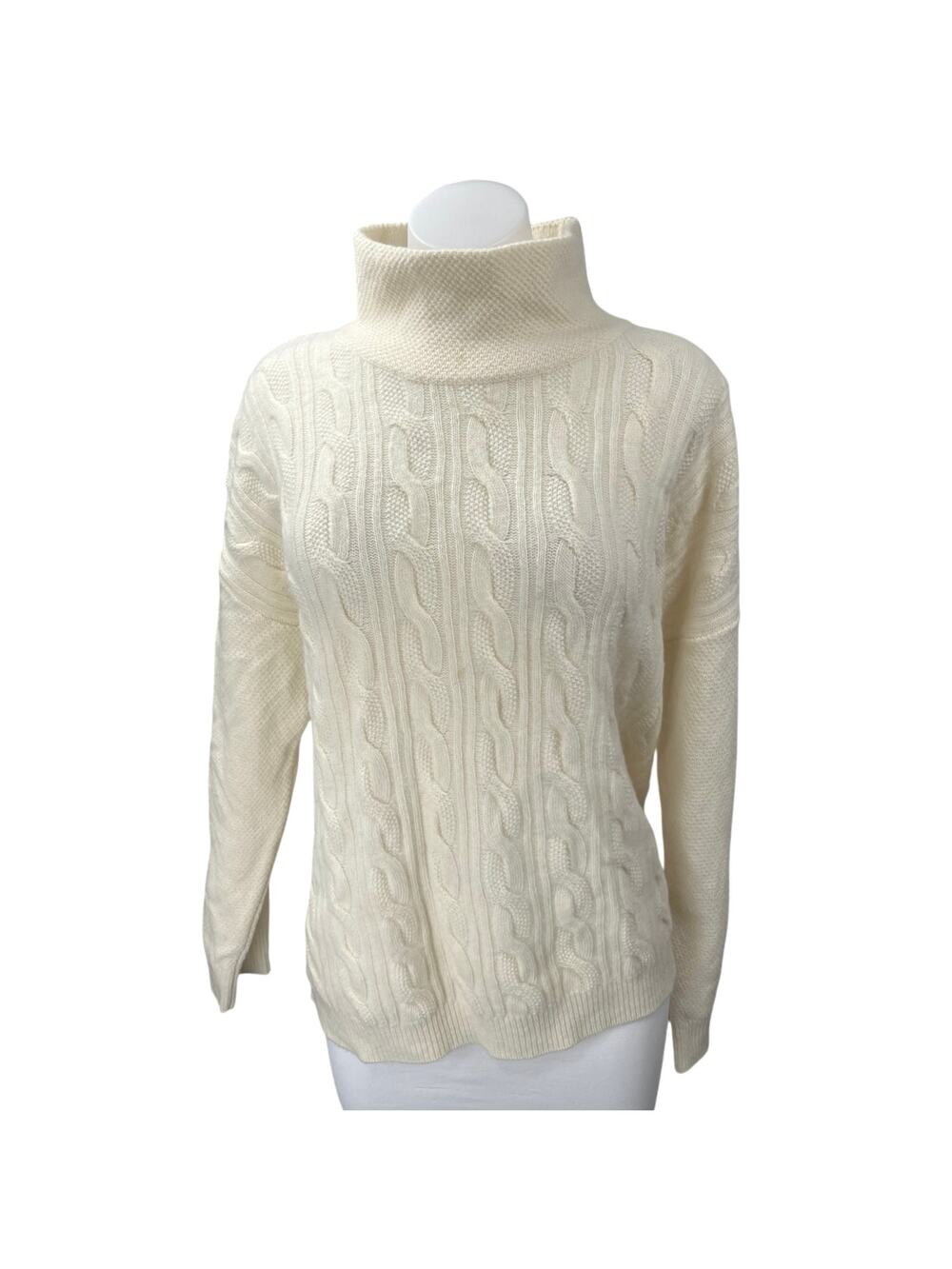 Trenery Merino Wool Cashmere Cream Cable Knit Turtleneck Pullover Sweater Top L